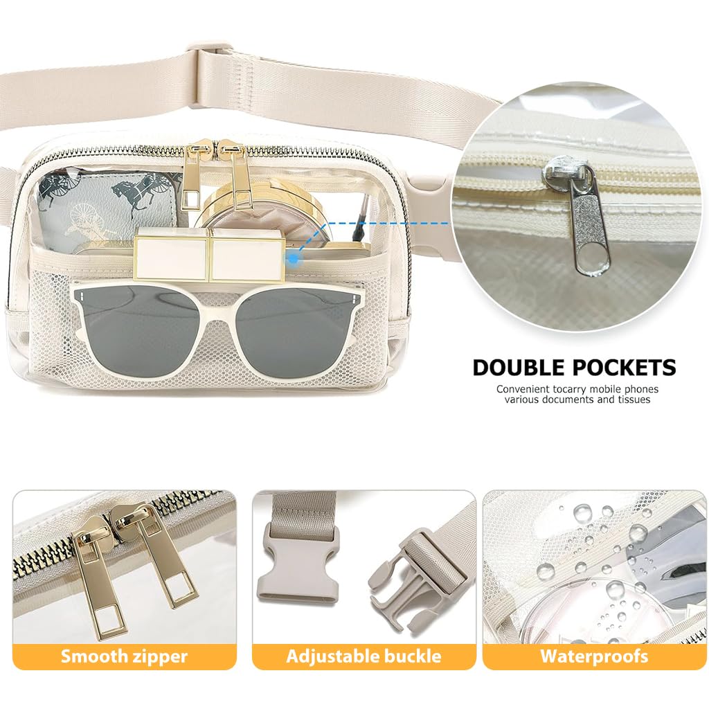 Proberos Belt Bag Stadium Approved for Women Men with Adjustable Strap Water-resistant Waist bag Clear Purse for Travel Workout Running Hiking(Beige) Proberos Belt Bag Stadium Approved for Women Men with Adjustable Strap Water-resistant Waist bag Clear Purse for Travel Workout Running Hiking(Beige)